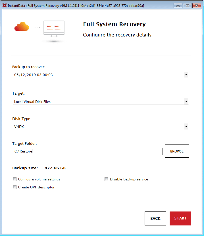 InstantData recovery details settings
