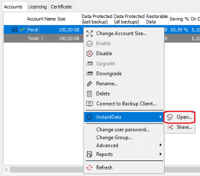 Account actions menu with InstantData selected